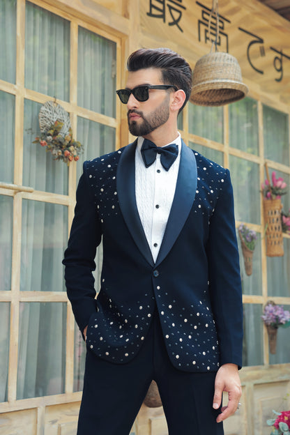 Hand embroidered tuxedo with Katdaana bead detailing | Bhavya Bhasin Couture