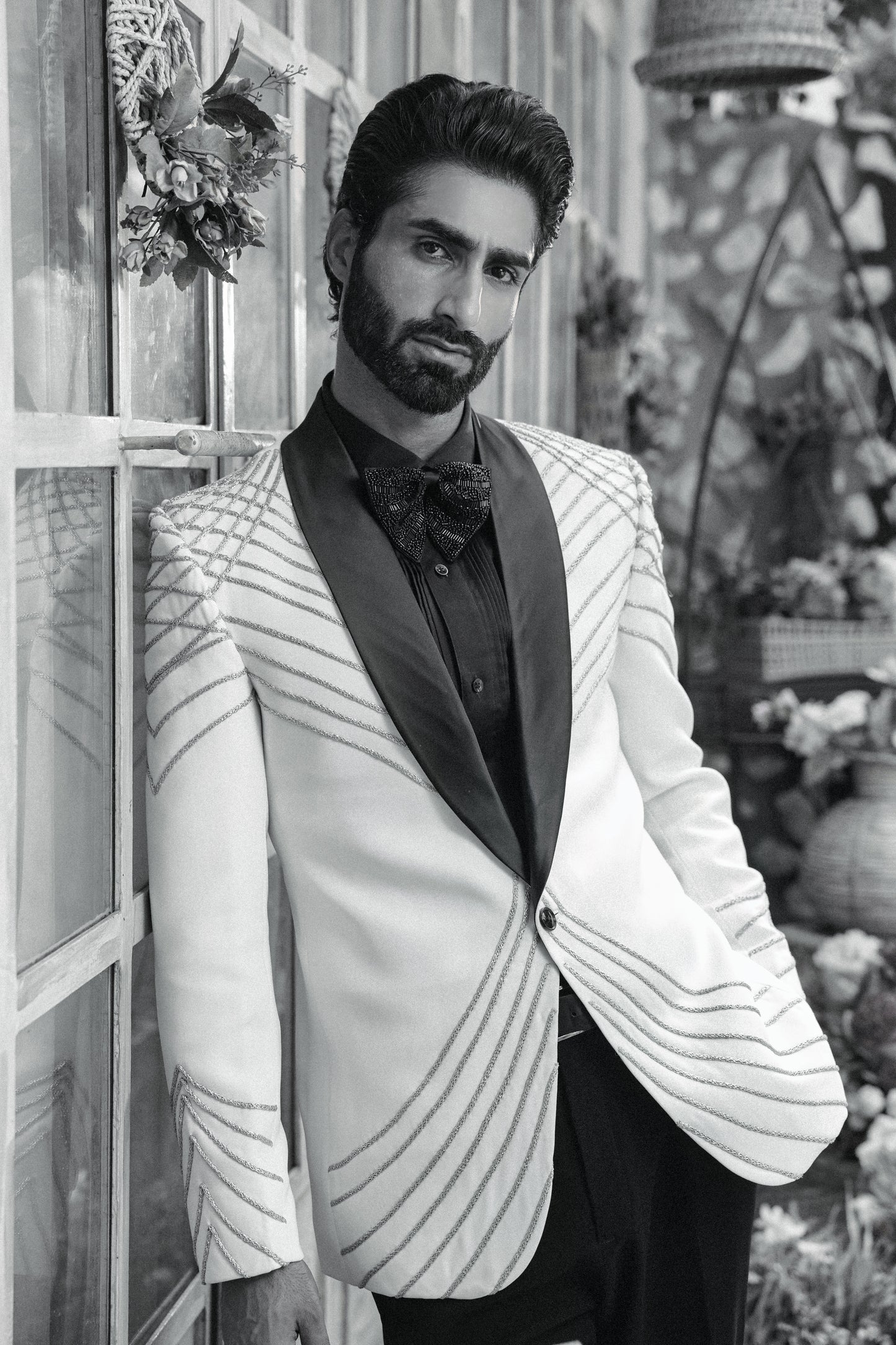 Ivory tuxedo with 3D Katdaana embroidery luxury | Bhavya Bhasin Couture