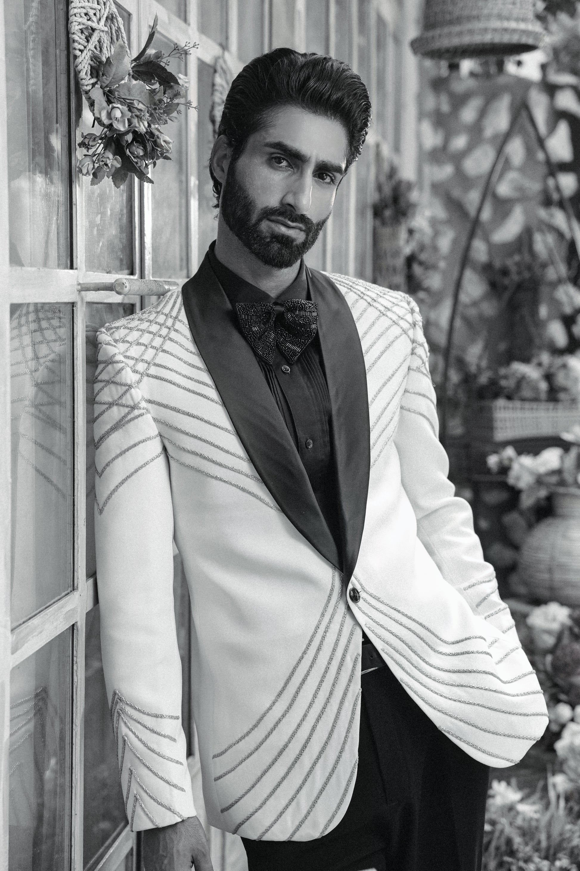 Ivory tuxedo with 3D Katdaana embroidery luxury | Bhavya Bhasin Couture