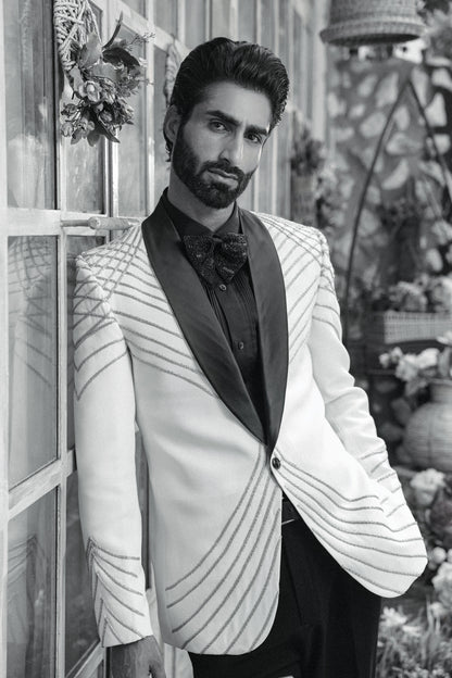 Ivory tuxedo with 3D Katdaana embroidery luxury | Bhavya Bhasin Couture