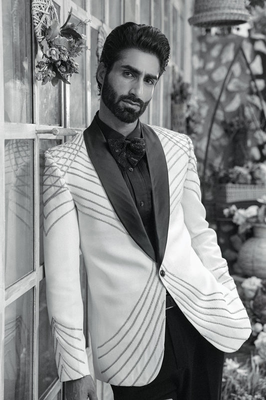 Ivory tuxedo with 3D Katdaana embroidery luxury | Bhavya Bhasin Couture