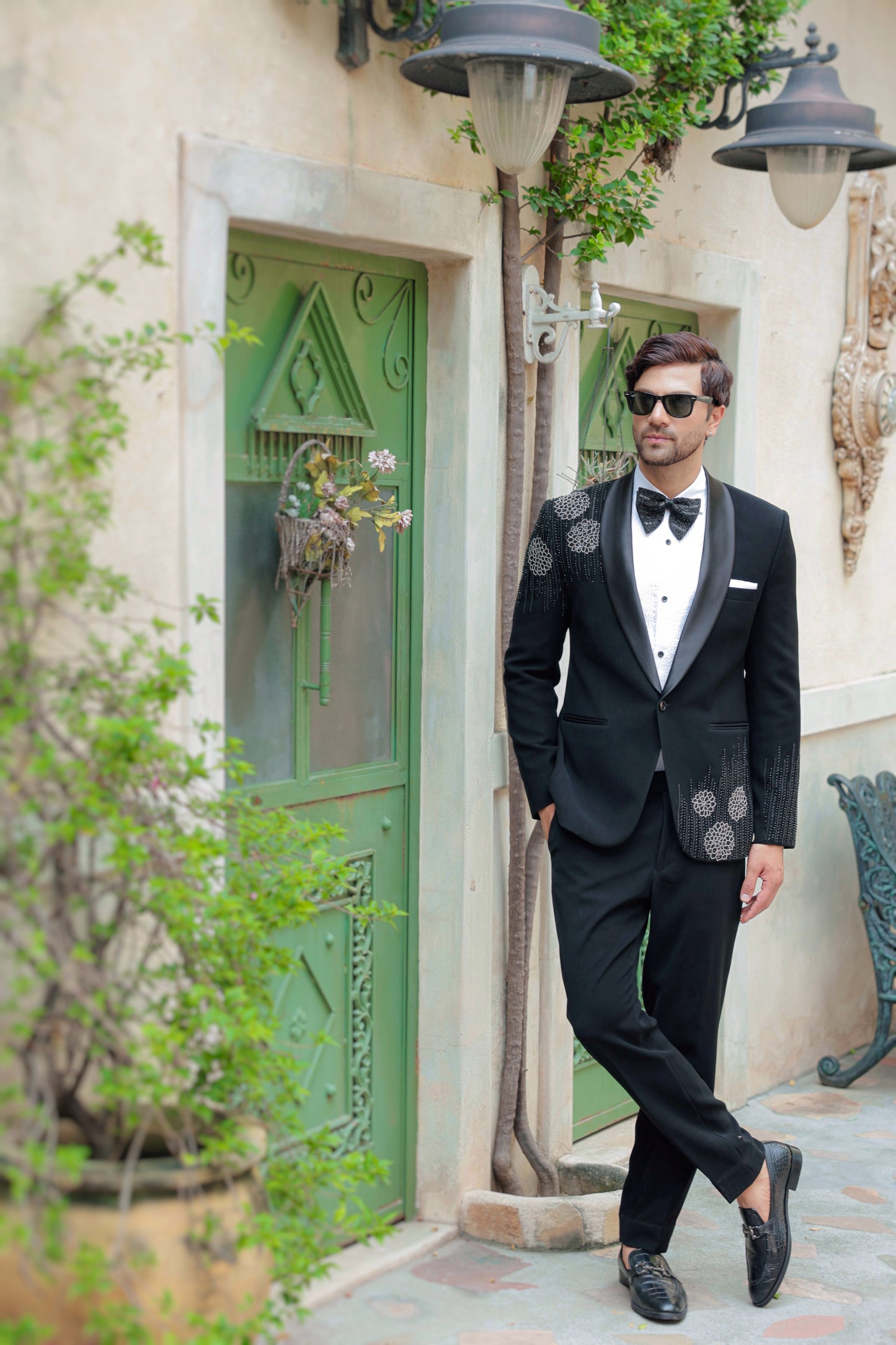 Black tuxedo with hand embroidered Katdaana | Bhavya Bhasin Couture