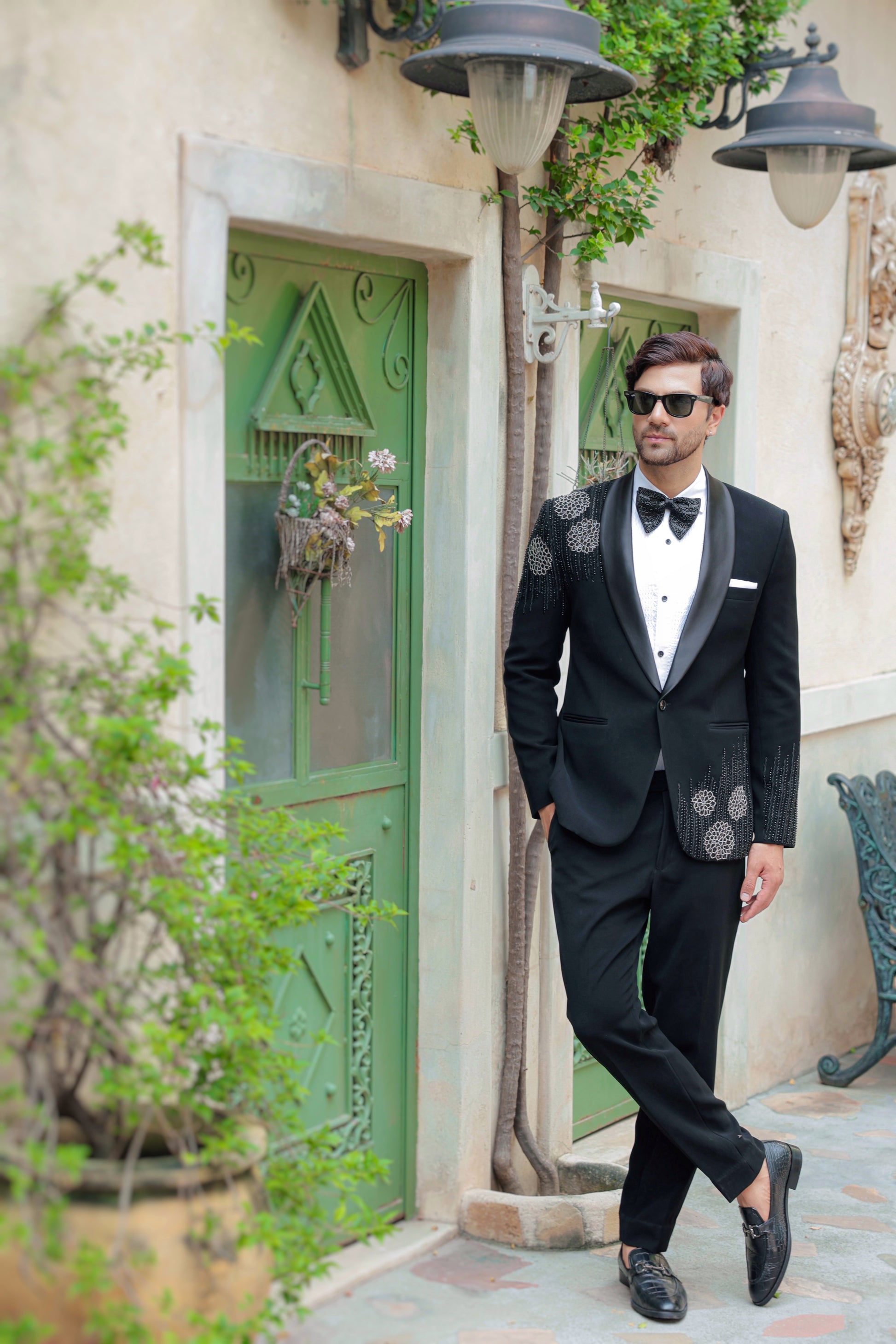 Black tuxedo with hand embroidered Katdaana | Bhavya Bhasin Couture
