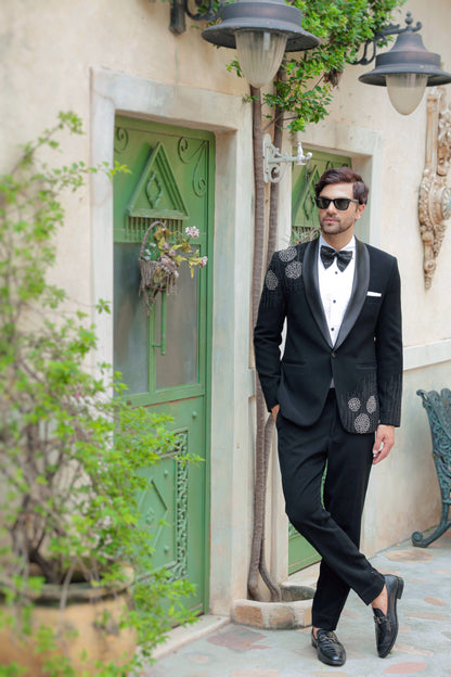 Black tuxedo with hand embroidered Katdaana | Bhavya Bhasin Couture