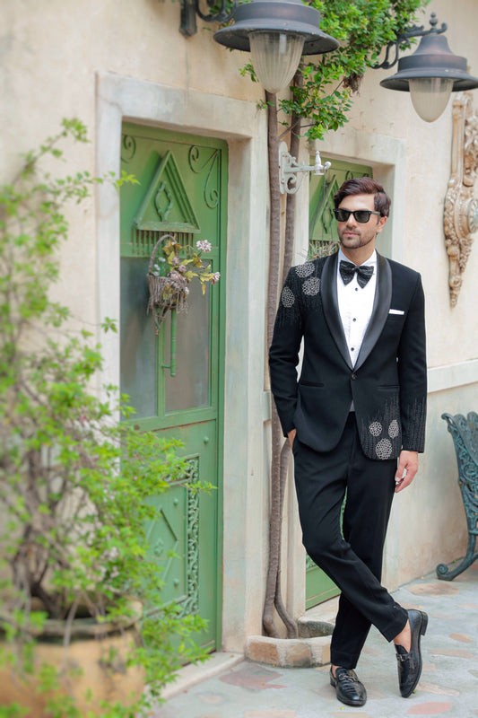 Black tuxedo with hand embroidered Katdaana | Bhavya Bhasin Couture