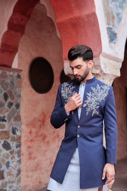 Blue 2-button Indo-Western with pintuck kurta wedding | Bhavya Bhasin Couture