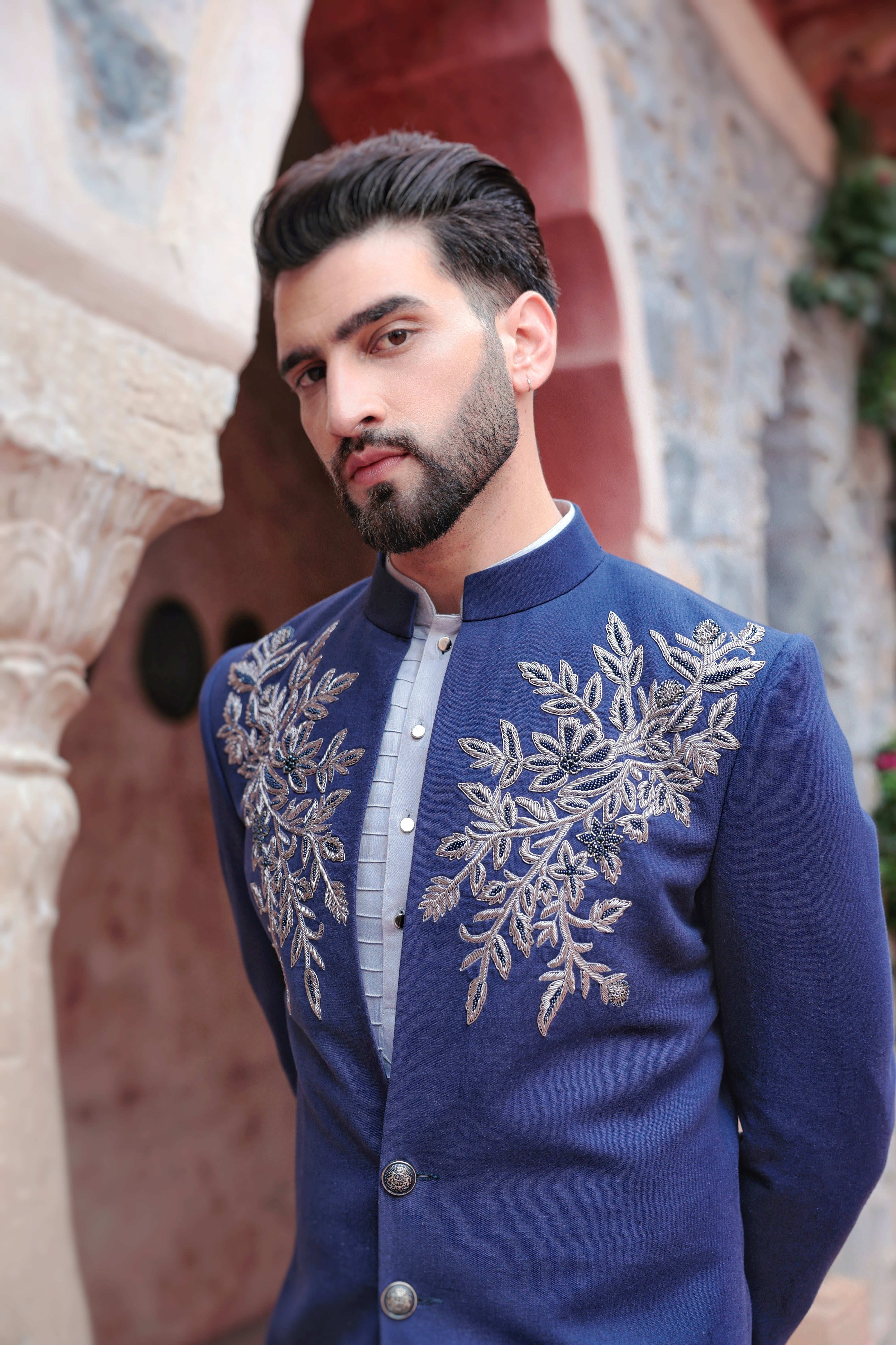 Blue 2-Button Indo-Western with Pintuck Kurta