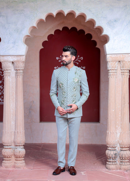 Pistachio green bandhgala with 3D hand embroidery | Bhavya Bhasin Couture