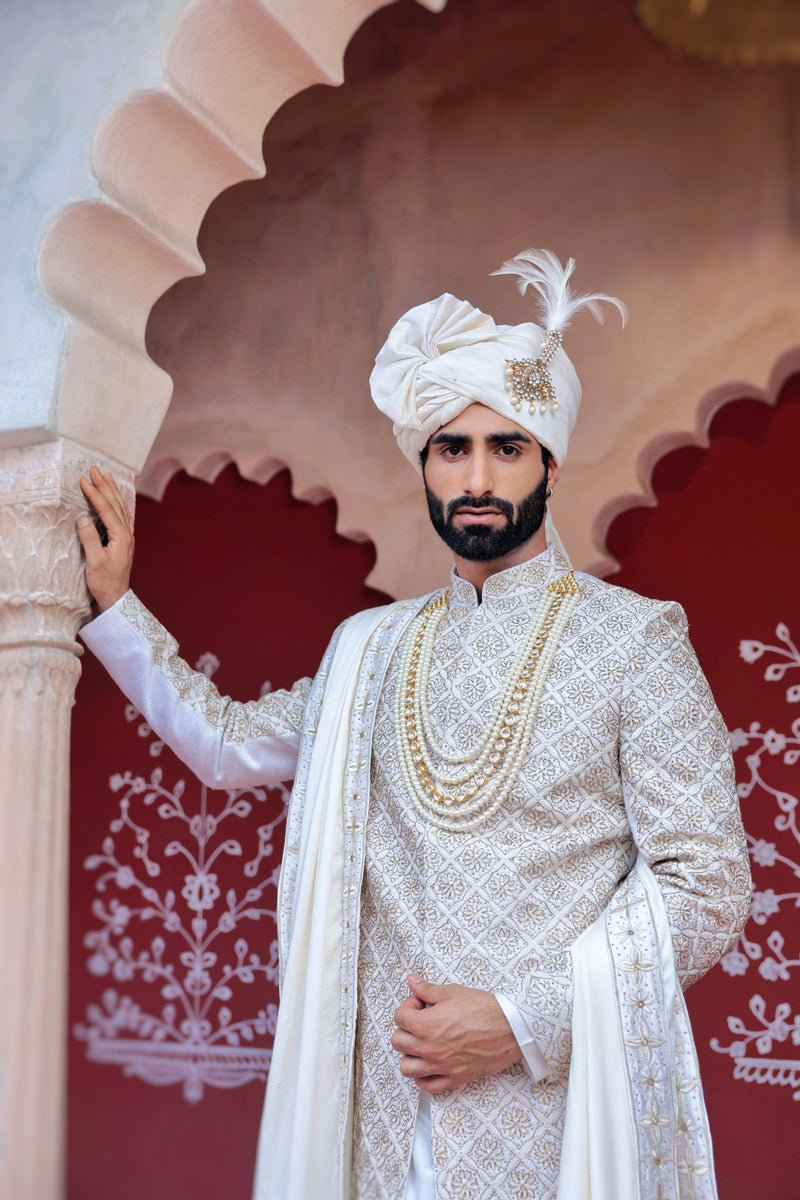 Ivory Sherwani with Gold Hand Embroidery