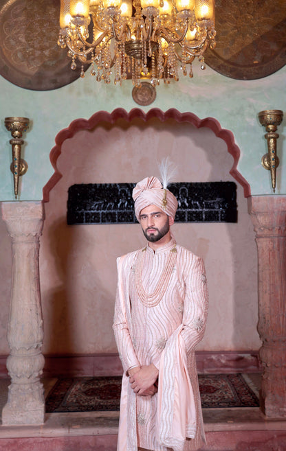 Light blush pink sherwani with hand embroidery groom | Bhavya Bhasin Couture