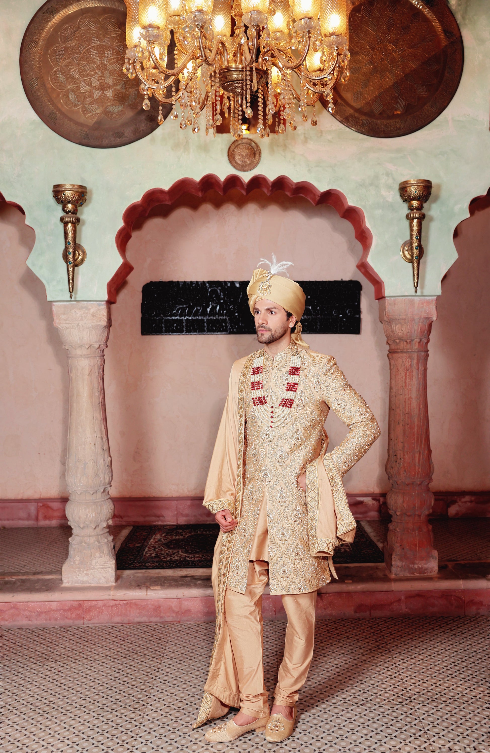Gold sherwani with hand embroidery statement groom | Bhavya Bhasin Couture