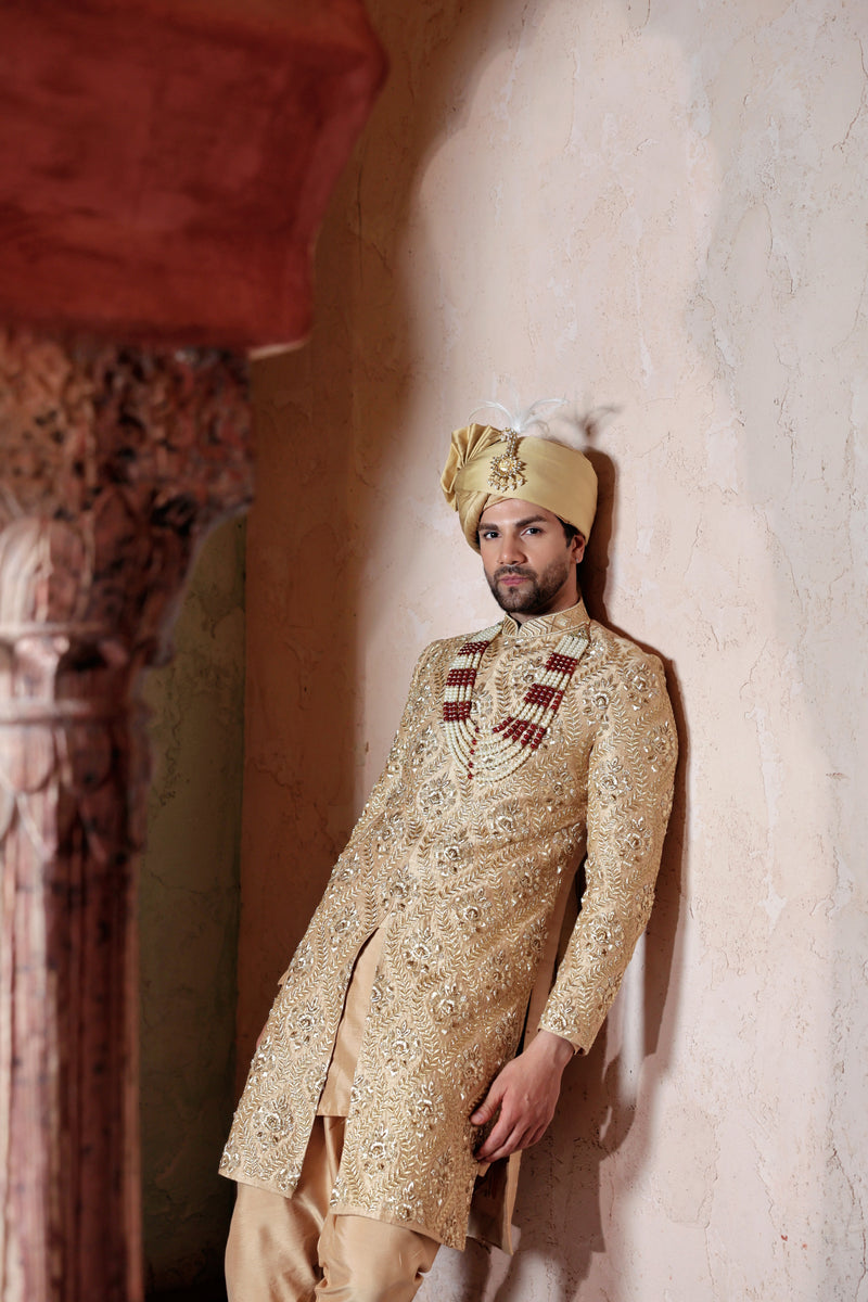 Gold Sherwani with Hand Embroidery