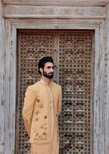 Beige open jacket with 3D hand embroidery wedding | Bhavya Bhasin Couture