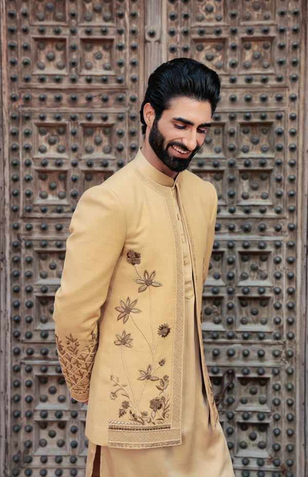 Beige Khaki Open Jacket Set with 3D Hand Embroidery