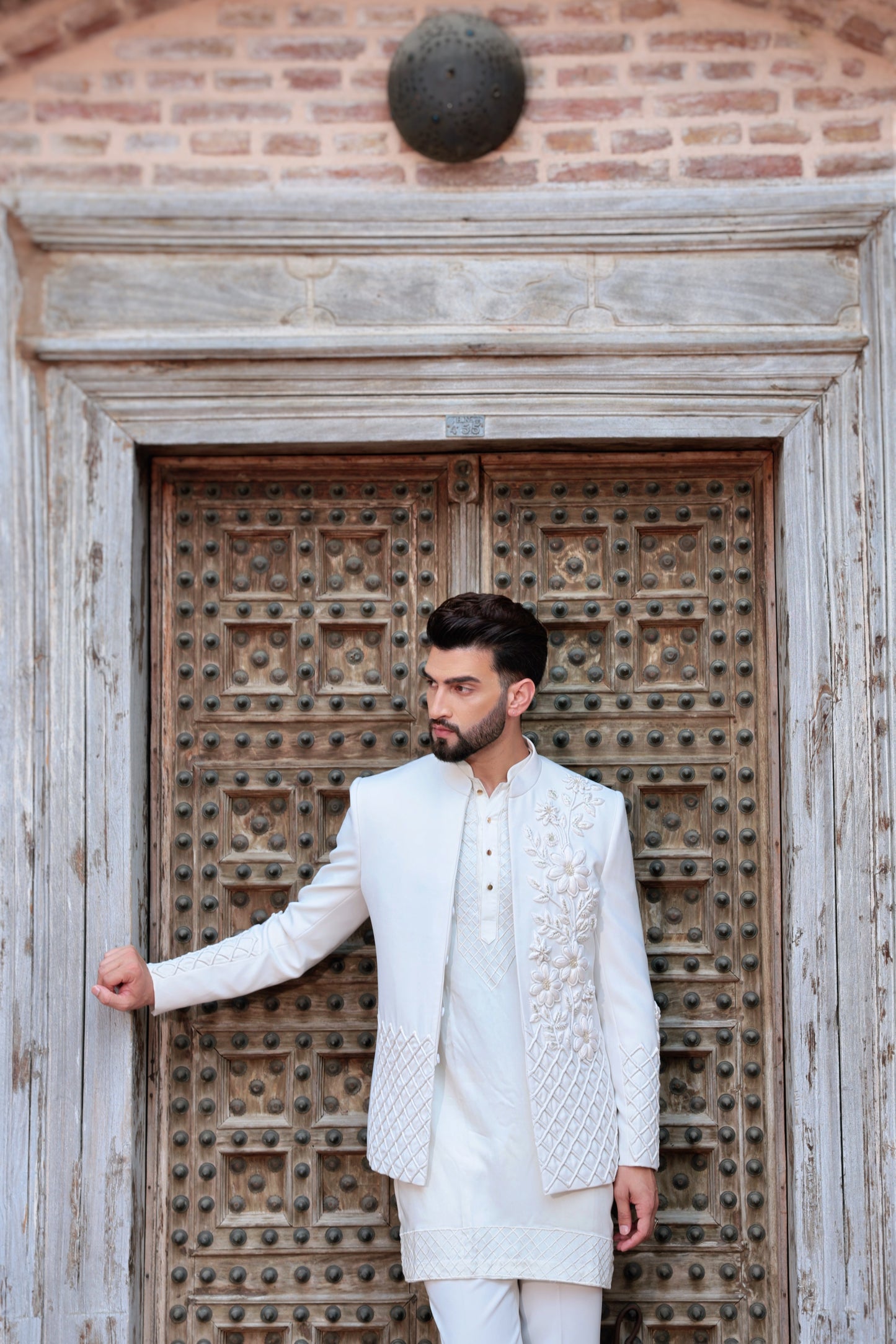 Ivory 2-in-1 open jacket with 3D embroidery | Bhavya Bhasin Couture