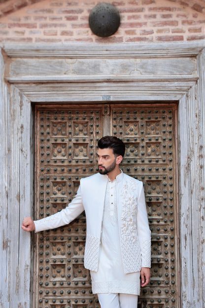 Ivory 2-in-1 open jacket with 3D embroidery | Bhavya Bhasin Couture