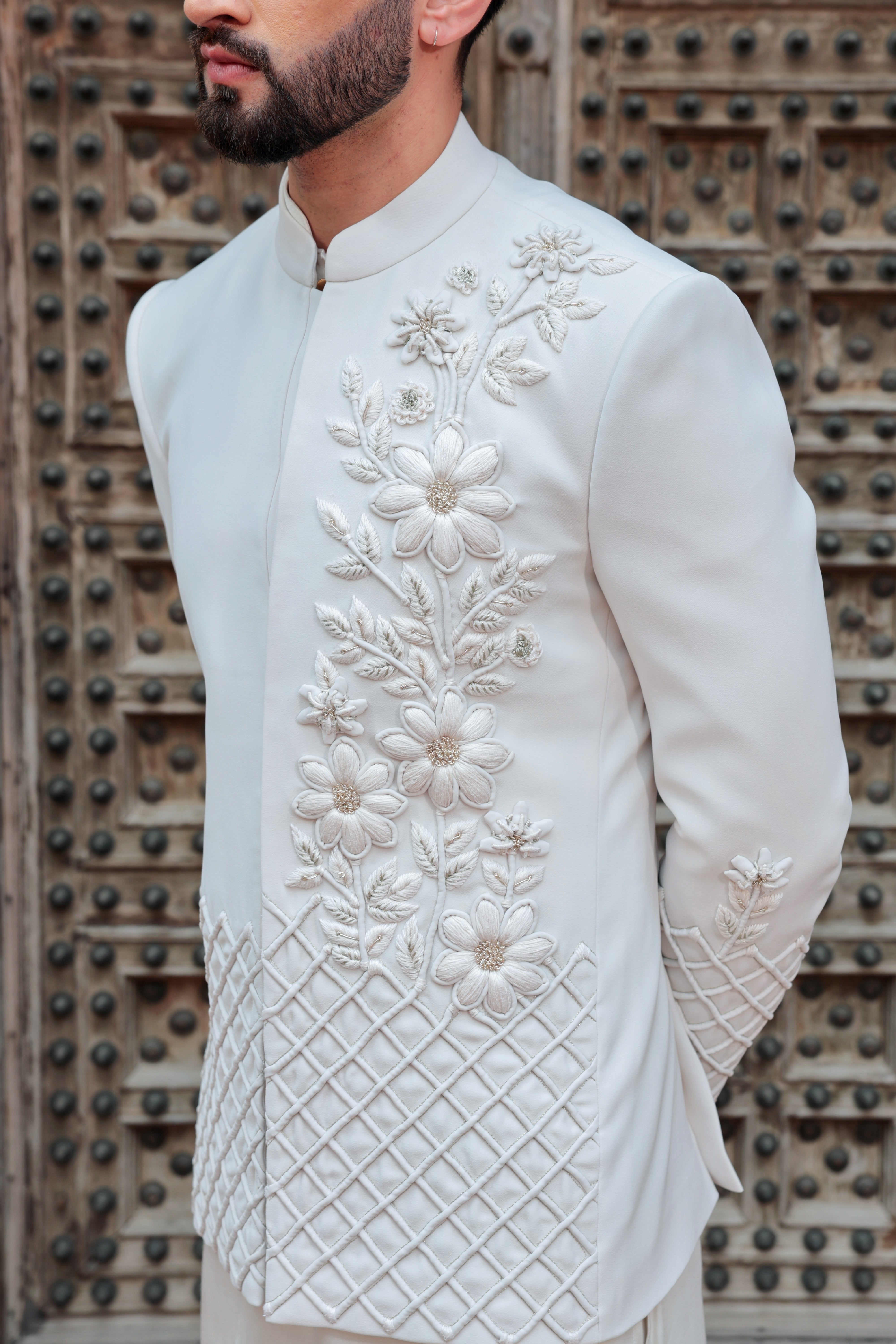 Ivory 2-in-1 Open Jacket with 3D Embroidery