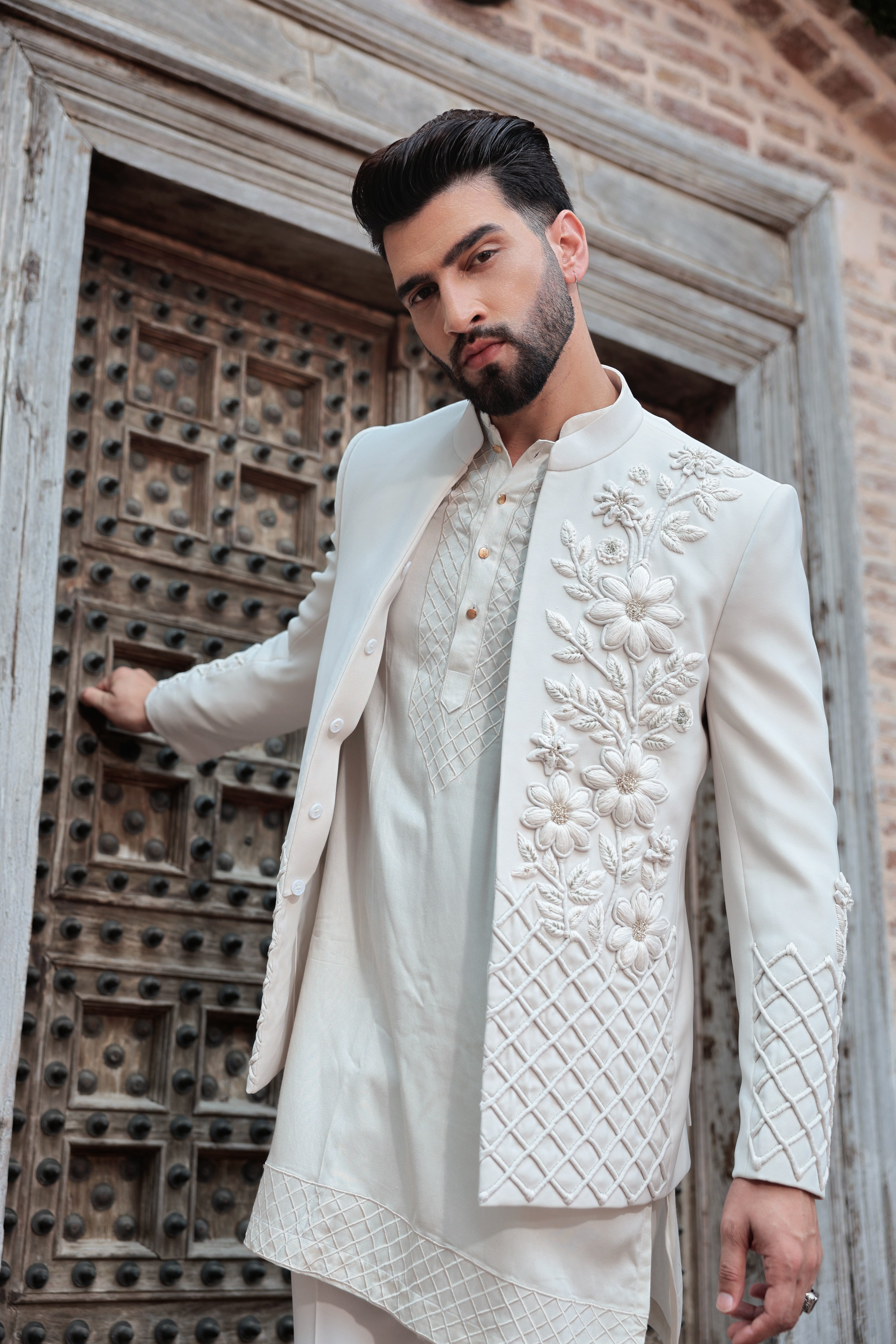 Ivory 2-in-1 Open Jacket with 3D Embroidery