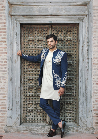 Blue embroidered open jacket with cream kurta trousers | Bhavya Bhasin Couture