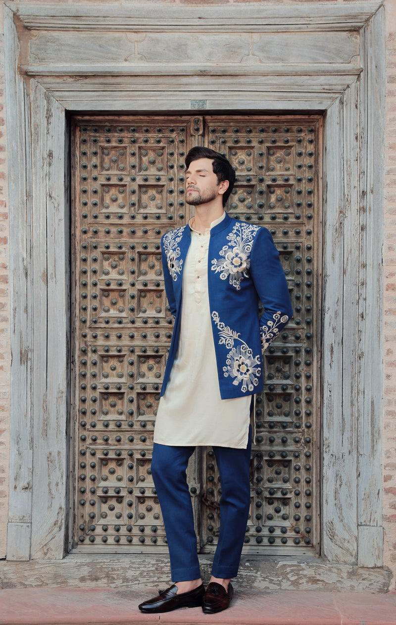 Blue Embroidered Open Jacket with Cream Kurta and Trousers