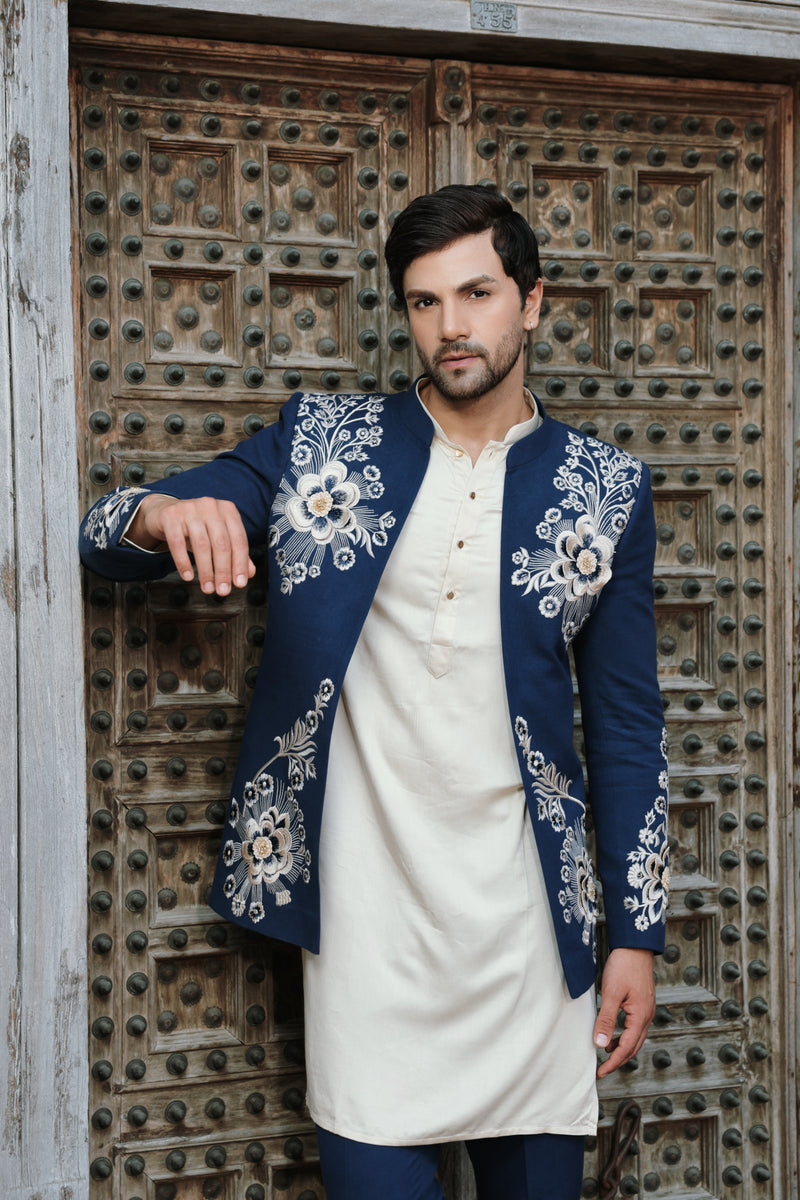 Blue Embroidered Open Jacket with Cream Kurta and Trousers