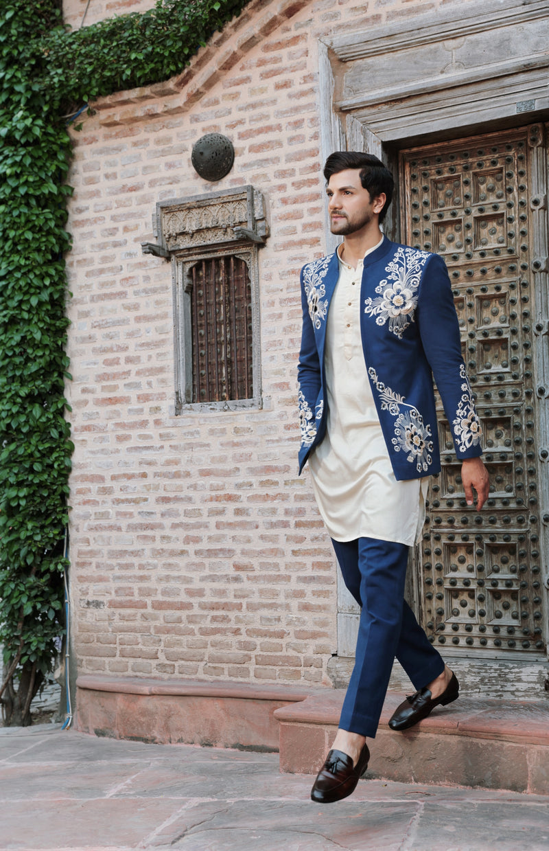 Blue Embroidered Open Jacket with Cream Kurta and Trousers