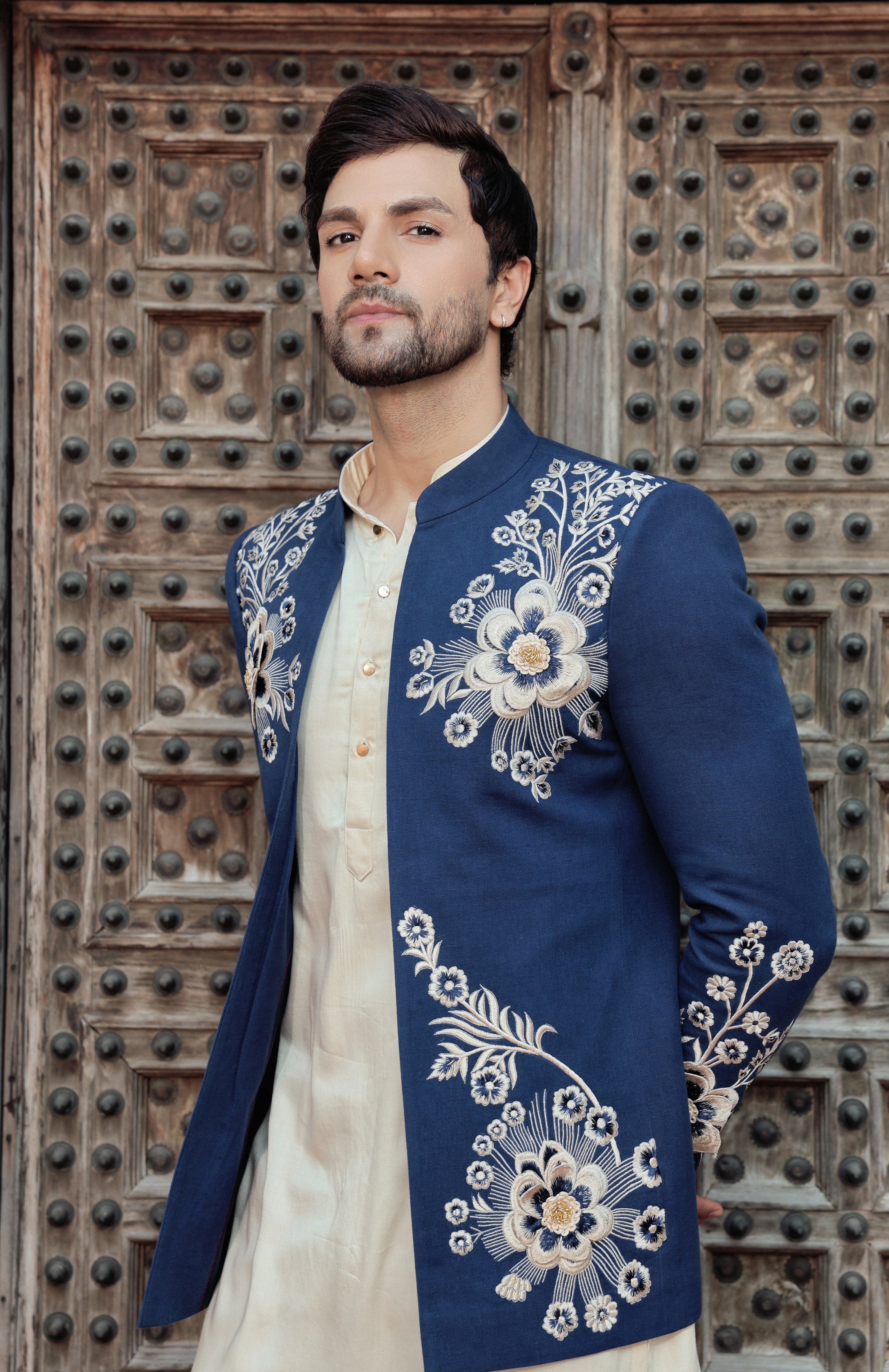 Blue Embroidered Open Jacket with Cream Kurta and Trousers