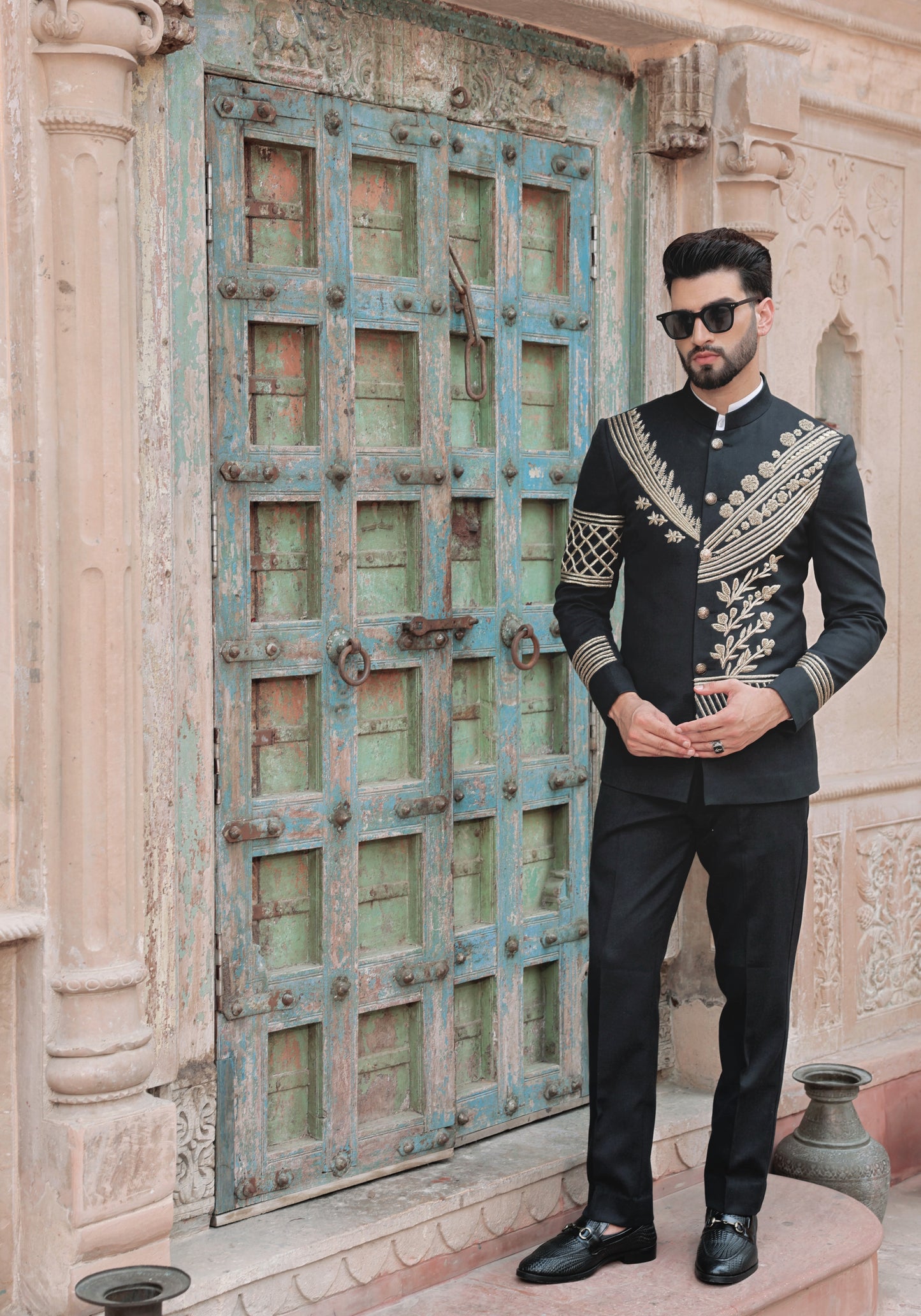 Black jute silk bandhgala with gold hand embroidery | Bhavya Bhasin Couture