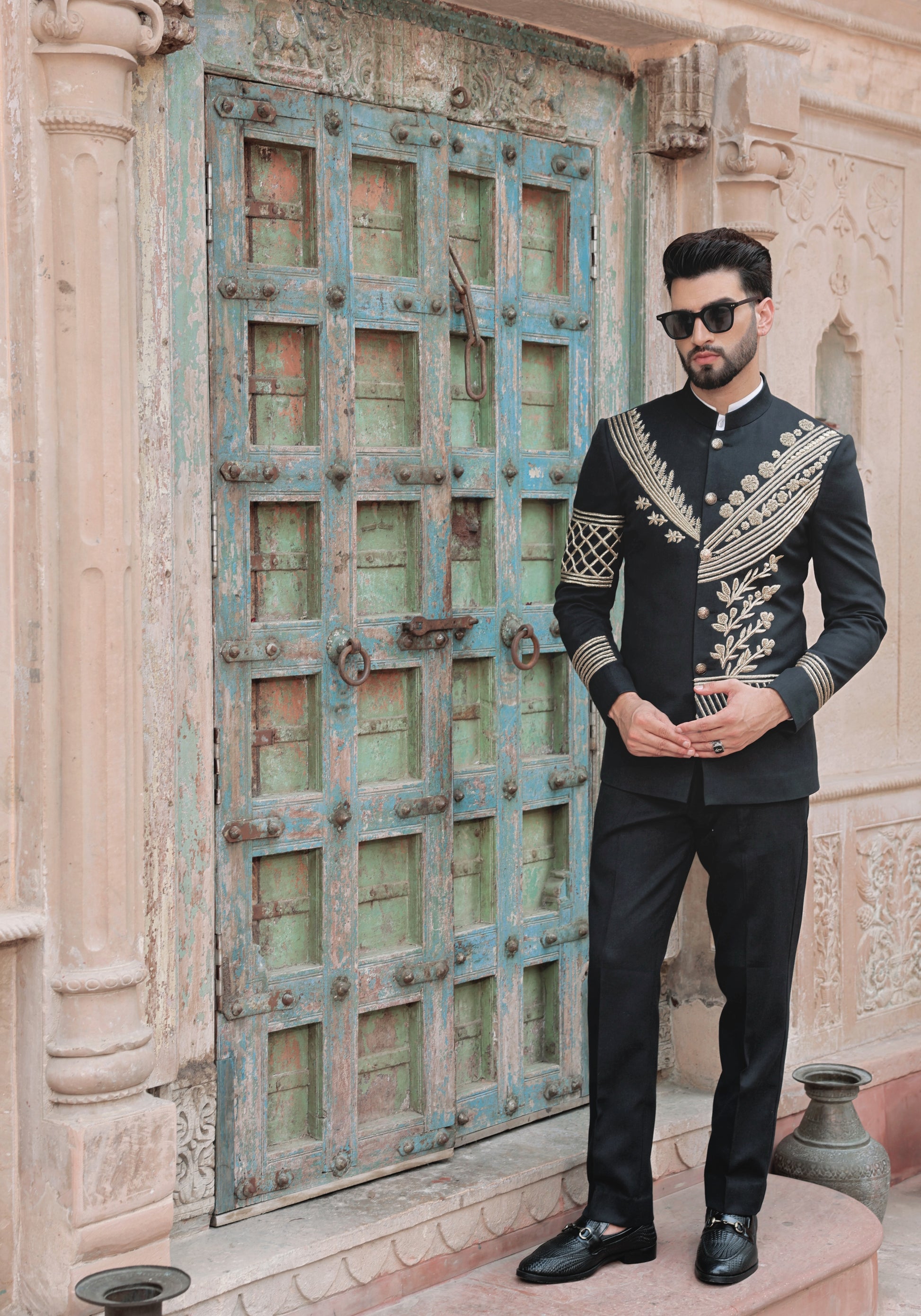 Black jute silk bandhgala with gold hand embroidery | Bhavya Bhasin Couture