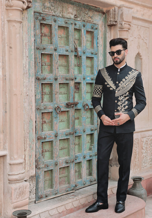 Black jute silk bandhgala with gold hand embroidery | Bhavya Bhasin Couture