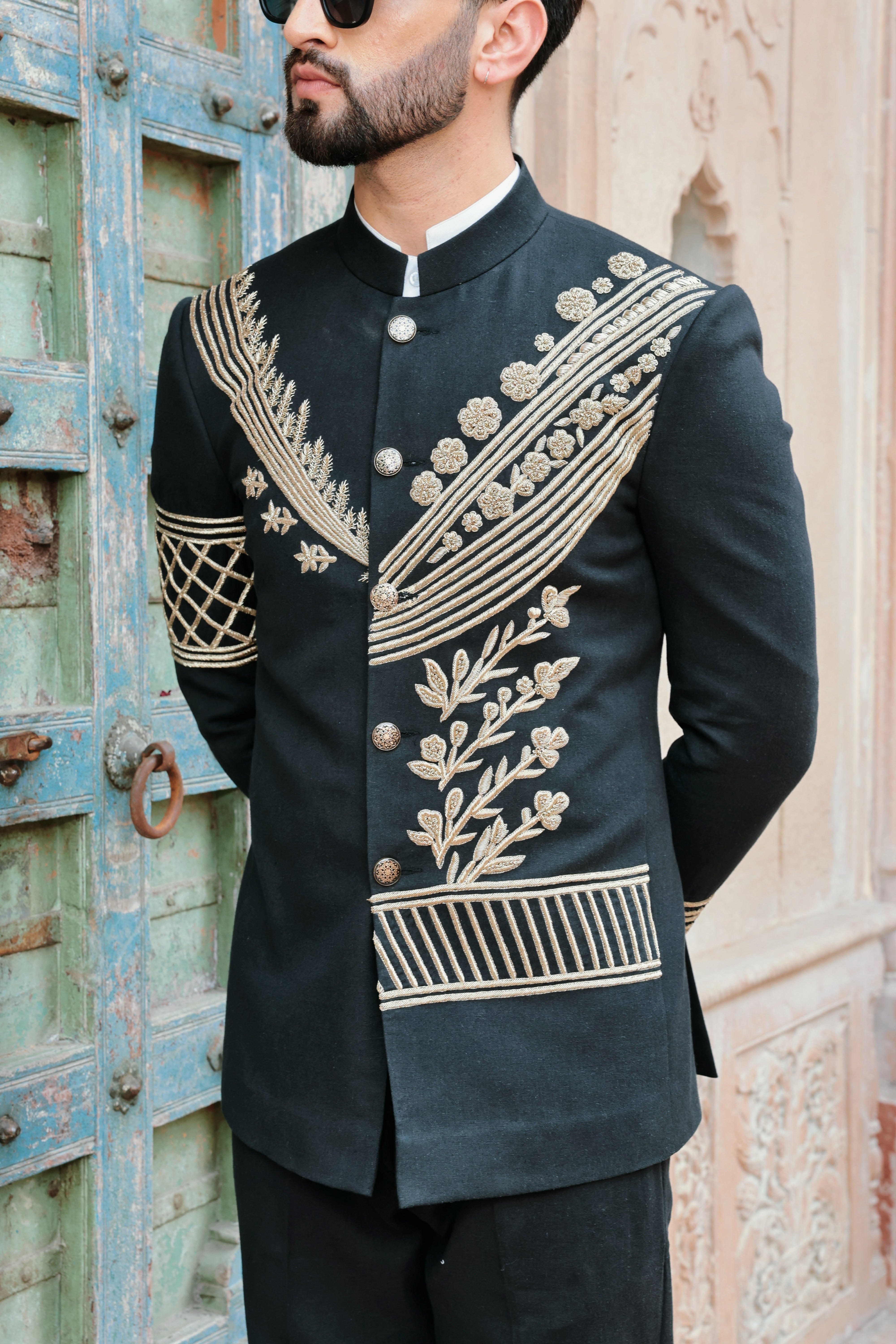 Black Jute Silk Bandhgala with Gold Hand Embroidery