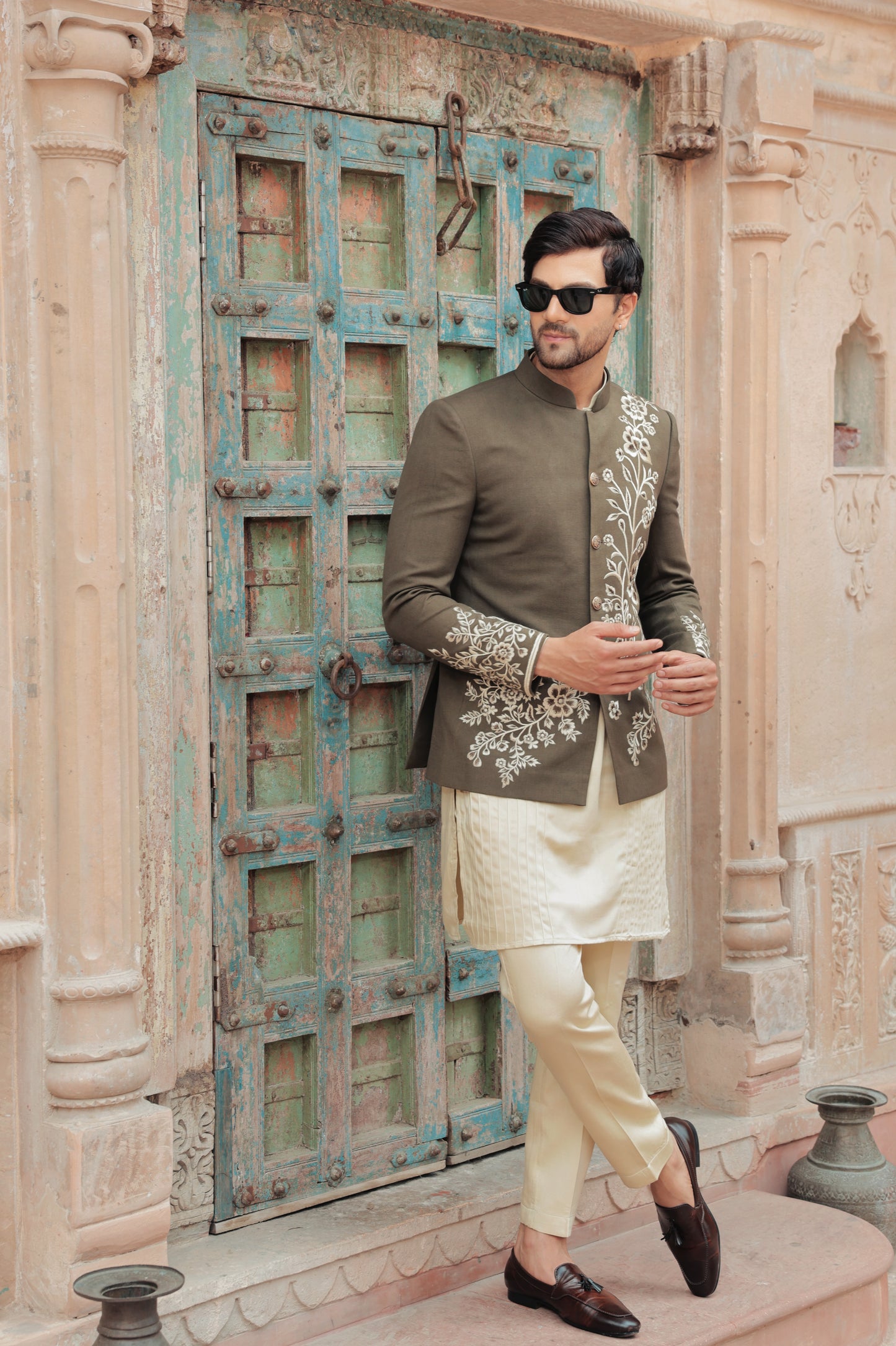 Olive green bandhgala with thread embroidery Indian | Bhavya Bhasin Couture