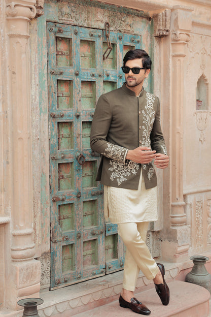 Olive green bandhgala with thread embroidery Indian | Bhavya Bhasin Couture