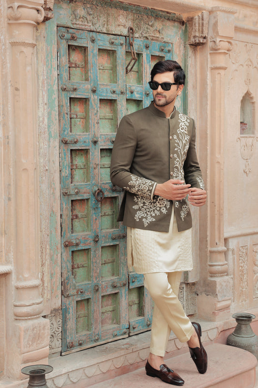 Olive green bandhgala with thread embroidery Indian | Bhavya Bhasin Couture