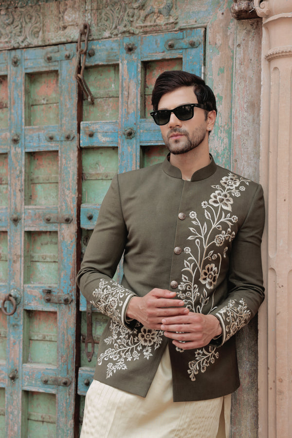 Olive Green Bandhgala with Thread Embroidery