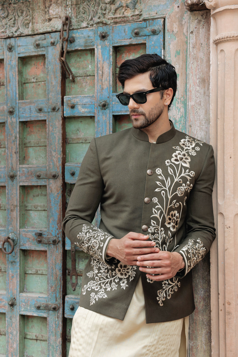 Olive Green Bandhgala with Thread Embroidery