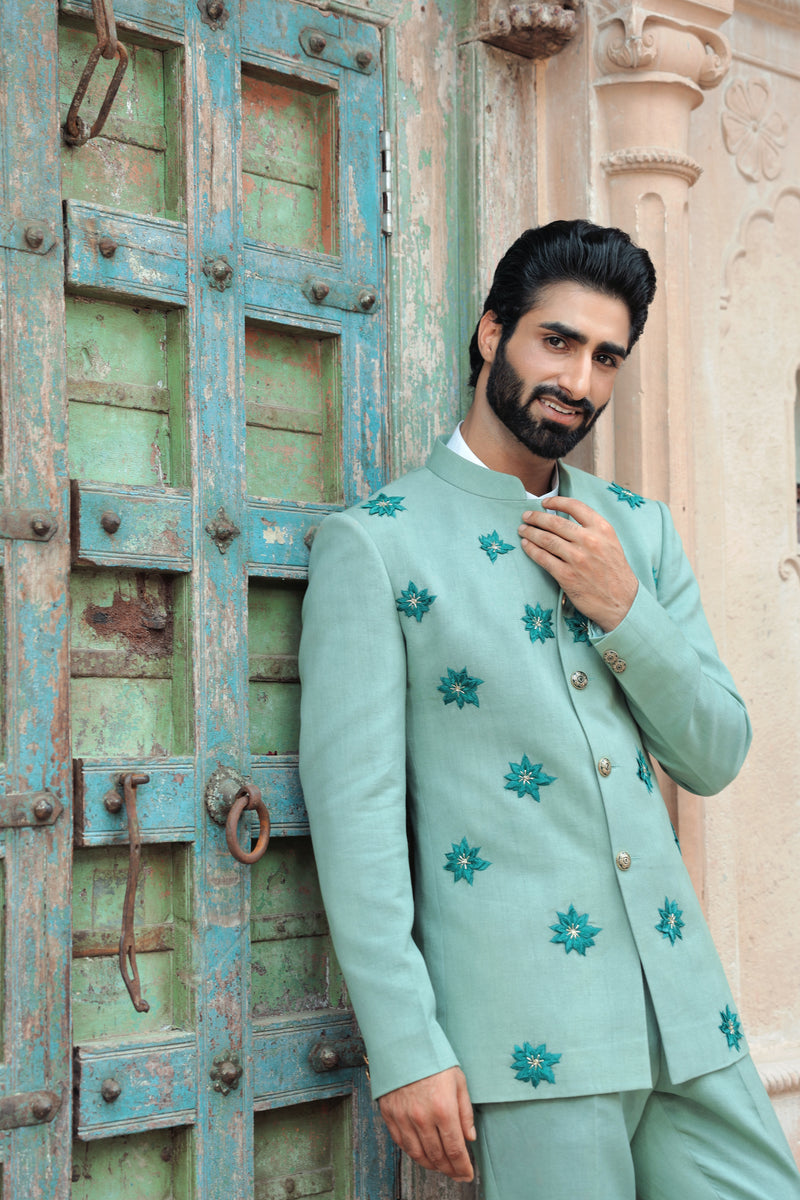 Mint Green Bandhgala with Embossed Floral Motifs