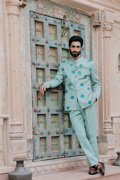 Mint green bandhgala with embossed floral motifs | Bhavya Bhasin Couture
