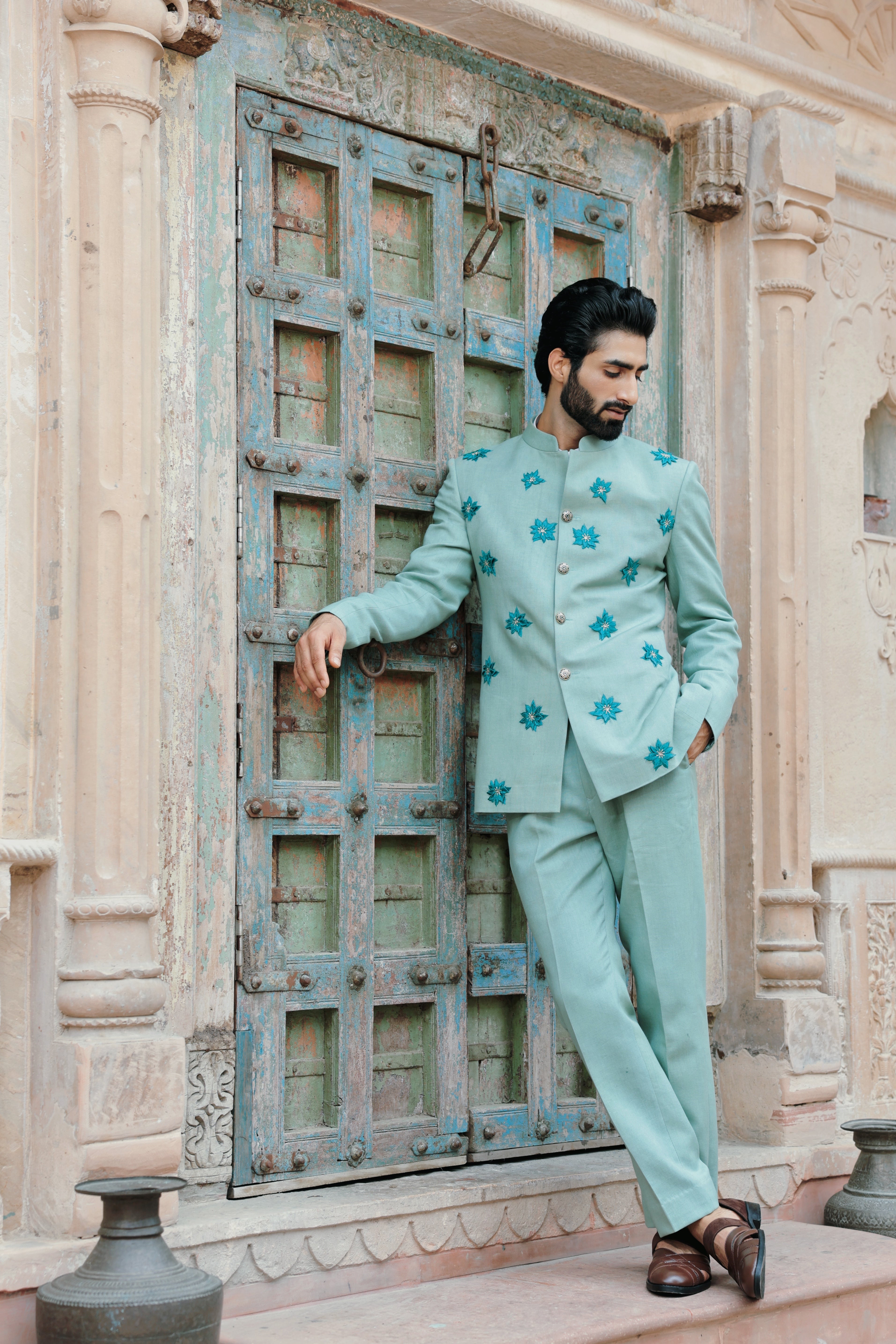 Mint Green Bandhgala with Embossed Floral Motifs