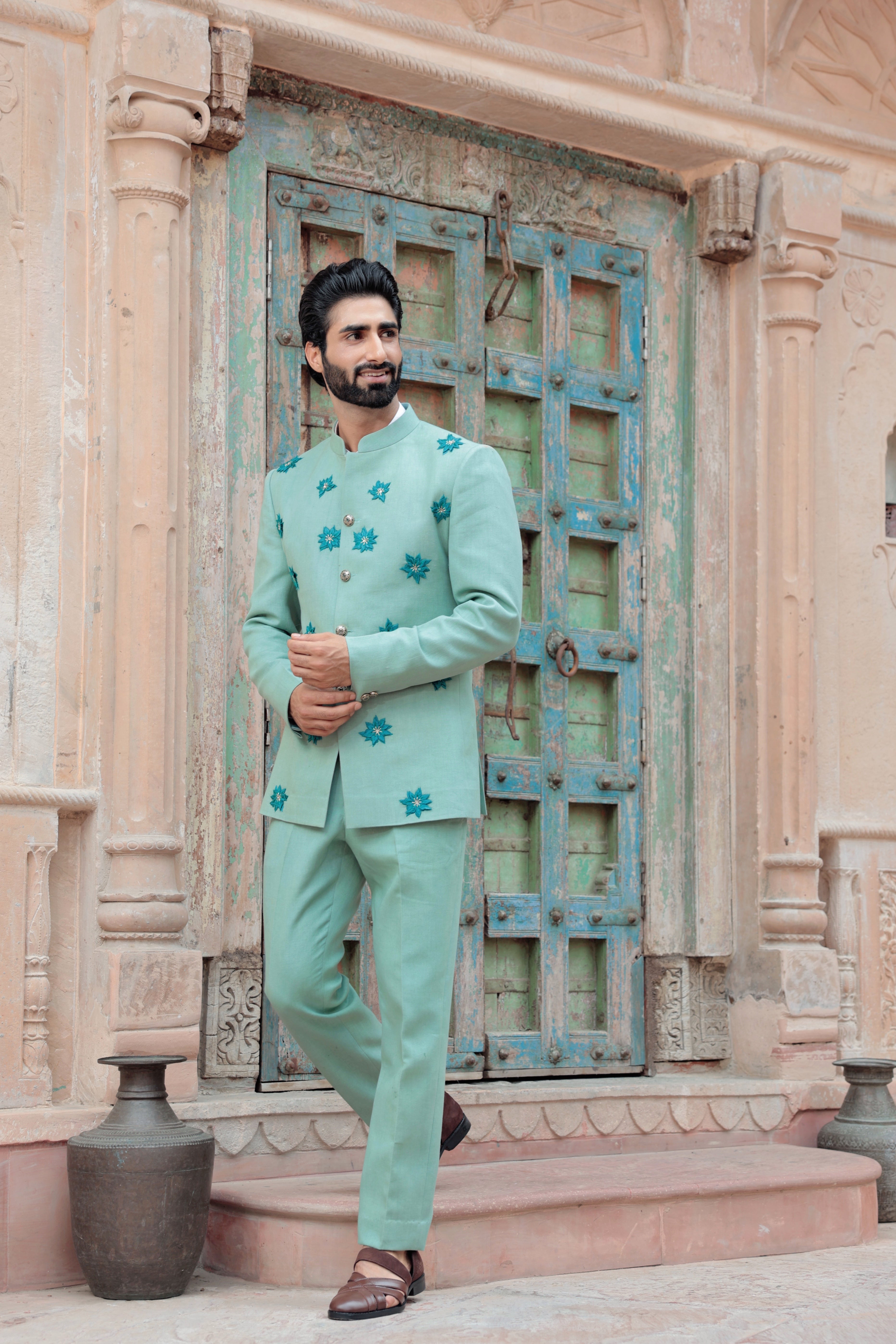 Mint Green Bandhgala with Embossed Floral Motifs