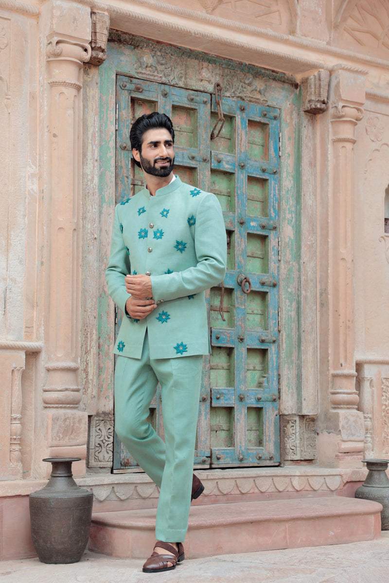 Mint Green Bandhgala with Embossed Floral Motifs