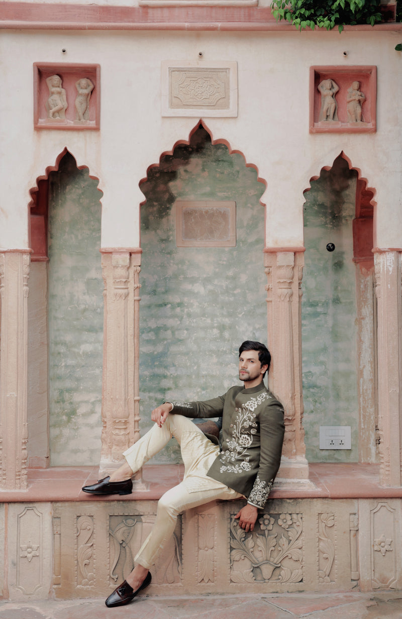 Olive Green Bandhgala with Thread Embroidery