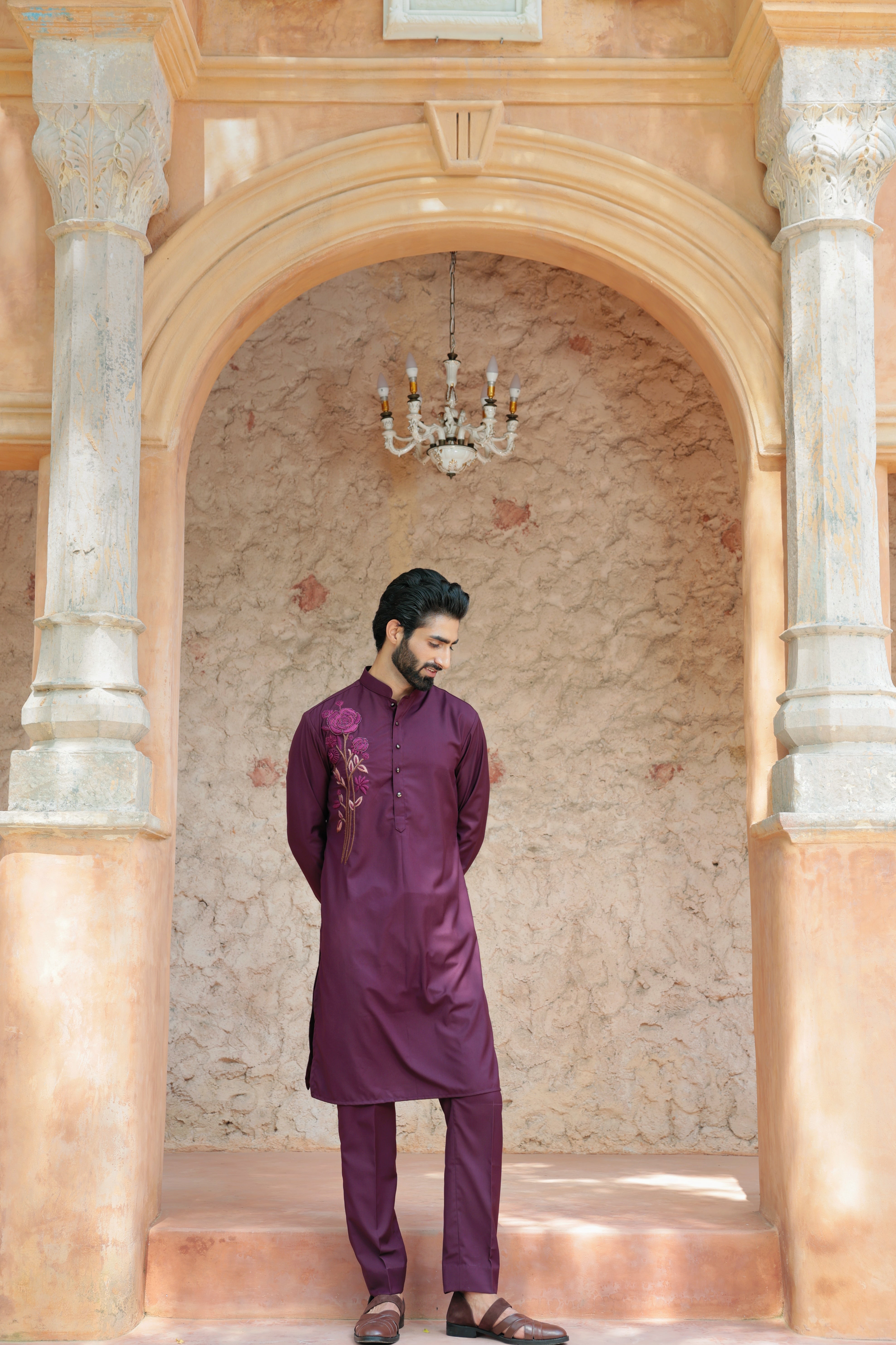 Wine Kurta with Embroidery Detailing