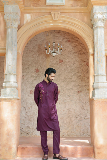 Rangrez Madhur Phool wine floral embroidery kurta | Bhavya Bhasin Couture
