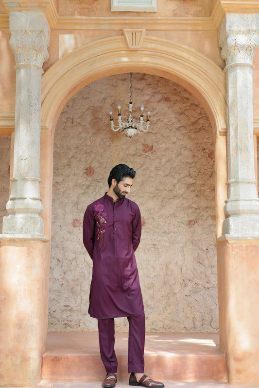 Rangrez Madhur Phool wine floral embroidery kurta | Bhavya Bhasin Couture