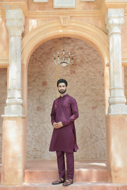 Rangrez "Madhur Phool" Wine Floral Embroidery Kurta Set