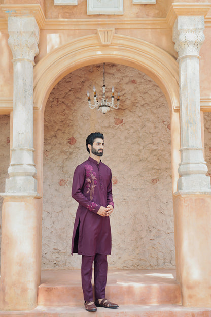 Rangrez "Madhur Phool" Wine Floral Embroidery Kurta Set