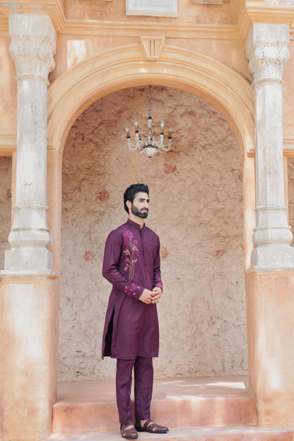 Rangrez "Madhur Phool" Wine Floral Embroidery Kurta Set
