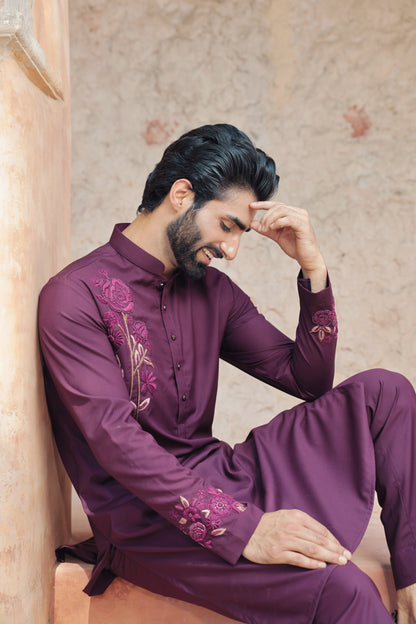 Rangrez "Madhur Phool" Wine Floral Embroidery Kurta Set
