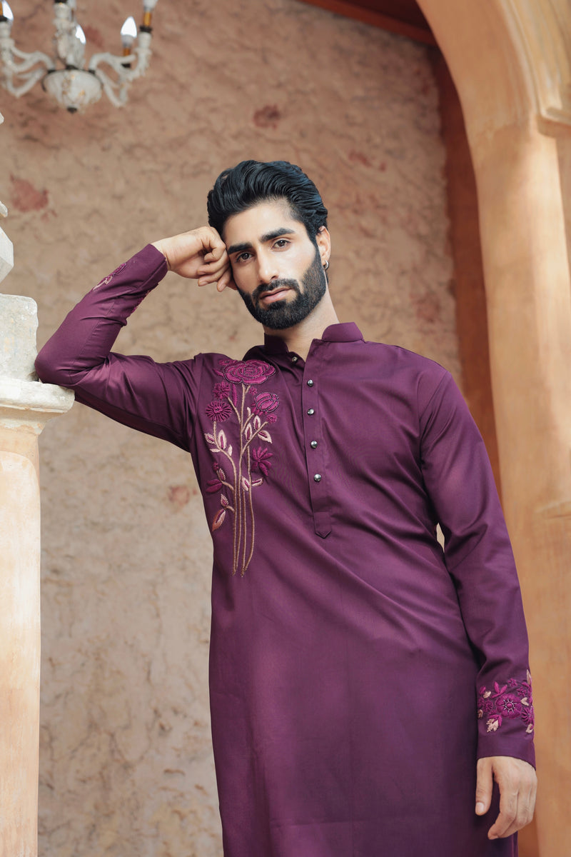 Wine Kurta with Embroidery Detailing